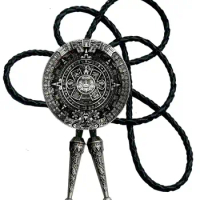 Bolo tie With Pewter Aztec Calendar Circle Design Cowboy Two Colors (Silver)