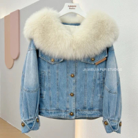 2023 Large Fur Collar Goose Down Lining High-end Parka Winter New Fashion Short Coat fox fur Denim Fur Coat For Women