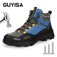 GUYISA Fashion Men's Safety Shoes For Work Steel Toe Boots Blue Contrasting Color Size 37-46 Protecting the Feet