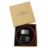 COACH 男款雙釦頭雙面用寬版皮帶原廠禮盒(深咖/紅)