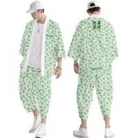 Green Mahjong Print Beach Sets Fashion Japanese Kimono Cardigan Men Women Haori Asian national style Robe Pants Suit
