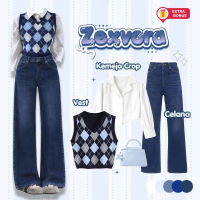 One Set 3in1 vest rompi diamond rajut kemeja crop celana jeans highwaist | outfit setelan oneset wan