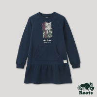 Roots大童-經典傳承系列 禮物盒貓咪長袖洋裝-深藍色