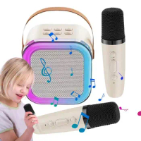 Mini Karaoke Machine Portable Dual Wireless Microphone With Colorful LED Lights Stereo Sound System For Home Birthday Party