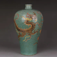 Green Dragon Vase Chinese Antique Vase Engraved Dragon Ice Crack Ceramic Bottle Vase Fine Porcelain Vase Large