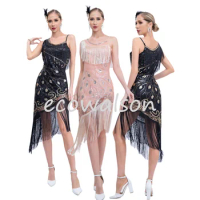 Women Strap Spaghetti Latin Dance Flapper Dress Tassel Sequin Competition Ballroom Rumba Samba Tassels Dancewear Chacha Dress