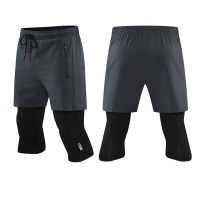 T&KE Double Layer Men Tights Basketball 3/4 Training Leggings 2 In 1 Fitness Running Trousers With P