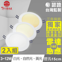 【TOYAMA特亞馬】3-12W超薄LED雷達微波感應崁燈 微亮全亮型 挖孔尺寸15cm 2入組(黃光 自然光 白光)