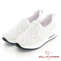 【CUMAR】透膚水鑽厚底台氣墊休閒鞋-白