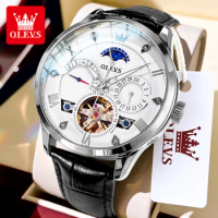 OLEVS 6652 Original Skeleton Flywheel Watches for Men Leather Strap Moon Phase Waterproof Automatic 