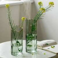 描金綠色玻璃花瓶透明插花水養百合富貴竹直筒金邊輕奢客廳擺件
