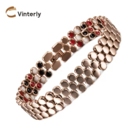 Vinterly Magnetic Bracelets for Women Beads Rose Chain Wrist Band Stainless Steel Health Benefits Energy Jewelry Waterproof