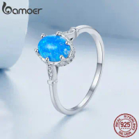 Bamoer 100% 925 Sterling Silver Crown Blue Opal Ring Fashion Simple Ring For Women S925 Fine Jewelry Birthday Party Gift DIY