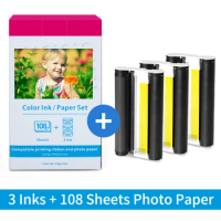 3 Color Inks and 108 Glossy Photo Paper Compatible for Canon Selphy CP1300 CP1200 CP910 CP900 Photo Printer KP-108IN KP-36IN