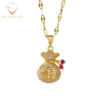 XM JEWELRY โซ่พร้อมจี้ห้อยกระเป๋าสำหรับผู้หญิง สร้อยคอนำโชค ฟูฟู สแตนเลส