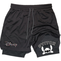 ชุดกางเกงขาสั้นฟิตเนสผู้ชาย Ohana Lilo Stitch พิมพ์การ์ตูน Kwaii 2 in 1 แห้งเร็ว