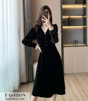2024秋冬韓版名媛氣質洋裝絲絨V領長袖連衣裙黑色小禮服女打底裙長裙【步行者戶外生活館】
