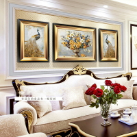 美式客廳裝飾畫歐式餐廳壁畫掛畫孔雀沙發背景墻畫三聯畫 金框 50*70