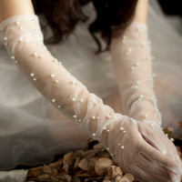 長款婚紗手套新娘全指結婚手套超仙韓式蕾絲網紅新款白色珍珠網紗