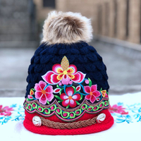 秋冬季新款民族風包頭帽保暖加絨帽子刺繡花復古毛球毛線帽子女