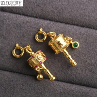 100% 925 Silver Gold-plated Tibetan Prayer Wheel Charm 925 Sterling Buddhist Wheel Amulet