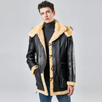 Winter Safari Jacket Men Natural Sheepskin Fur Integrated Long Air Force Hooded Coat Black Genuine Leather Sherling Overcoat