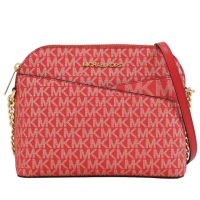 【Michael Kors】JET SET TRAVEL 滿版MK印花交叉車線斜背鍊包貝殼包(紅)
