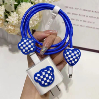 Blue Grid Protective Case for Apple 18W 20W Charger Case Bow Wrap Cable Winder for Iphone 12 13 Data Line Spiral Rope Twine
