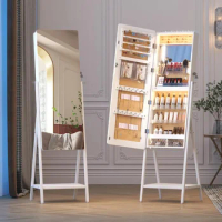LED Jewelry Mirror Cabinet Armoire Free Standing Full-Length Mirror With Jewelry Storage W/ 2 Drawers Bottom Shelf Cabinets Home
