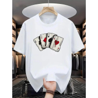 Kaos katun longgar pria dengan motif kartu remi sekop dan hati yang mencolok - nyaman dan adem sepan