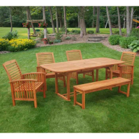 Maui Modern 6 Piece Solid Acacia Wood Slatted Outdoor Dining Set of 6 Tourist Table Garden Furniture Picnic Nature Hike Table