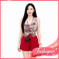 Fashoper Setelan Wanita Korean Style Atasan Motif Batik Celana Pendek Merah Outfit Wanita OOTD Fashi
