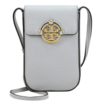 【TORY BURCH】簡約金屬雙T LOGO荔枝皮革翻蓋手機包斜背包(淺灰)