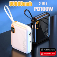 PD100W 30000mah Mini Power Bank Two-way Fast Charger Detachable Usb To Type C Cable Portable Powerbank For Iphone Xiaomi Samsung
