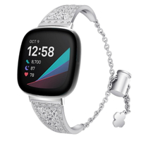 優樂悅~Fitbit Versa3智能手表帶 花型金屬鑲鉆調節鏈式表帶 versa3表帶