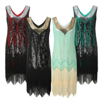 Women's Vintage Dress Sexy Sleeveless Dress 1920s Sequin Beaded Double Tassels Party Night Flapper Gown Dress