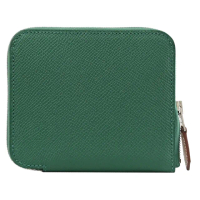 【Hermes 愛馬仕】Silk Epsom 經典小牛皮內襯絲巾信用卡拉鍊零錢包簡易短夾(草綠)