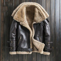 Double-Layer Collar Lamb Shearling Mens Motorcycle Genuine Leather Clothes Male B3 Flight Suit Jacket Coat Size M - 4XL