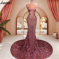 Sparkly Purple Evening Dresses Mermaid Luxury Evening Gowns Spaghetti Illusion Celebrity Dresses Prom Party Gowns فستان سهرة