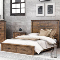 Rustic Queen Bed Reclaimed Solid Wood Framhouse Storage bed frame
