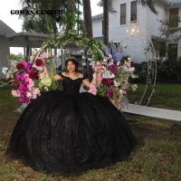 Sparkly Black Luxury Off The Shoulder Beaded Ball Gown Quinceanera Dress Corset Mexican Sweet 16 Dress Vestidos De 15 Años