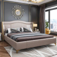MANBAS Genuine Leather Bed Nordic Double Size Rectangle Bed Frame Nordic King/Queen Size Wedding Lits Designer Upholstered Cama