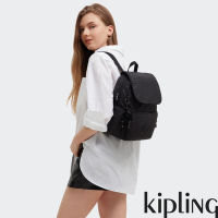 Kipling 經典黑菱格紋印花掀蓋拉鍊後背包-CITY ZIP S