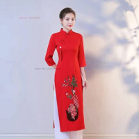 2024 ao dai cheongsam dress oriental qipao dress+pants set vietnam vintage flower embroidery ao dai dress elegant party dress