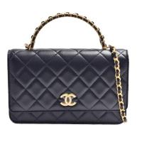 【CHANEL 香奈兒】經典仿舊雙C LOGO菱格紋小羊皮WOC手提/斜背包(黑色AP3009L-BLK-GPN)