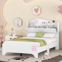 White Wooden Twin Size House Bed with Storage Headboard ,Kids Bed with Storage Shelf, for indoor bedroom furniture