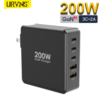 URVNS 200W USB C Wall Charger, 5-Port GaN2 Pro Fast Charging Station PPS PD 100W 65W Power Adapter for Laptops Tablet Smartphone