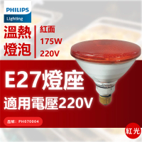 【Philips 飛利浦】2入 175W 220V E27 紅外線溫熱燈泡 紅面 _ PH070004