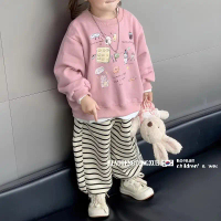 Korean Children's Clothing Girls' Set Autumn New Korean Style Pullover Printed Sweatshirt Striped Sw