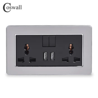 COSWALL 2 Gang 13A Universal Switched Socket dual USB Charge Port Output 2.1A Wall Outlet Stainless Steel Brushed Panel